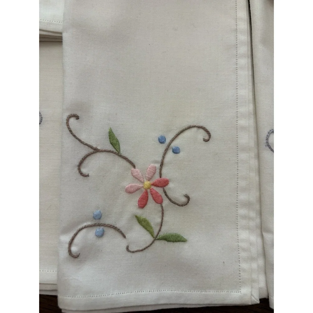 Vintage Embroidered Linen Napkins Set of 6 Floral Pink Blue Hemstitched 16x16